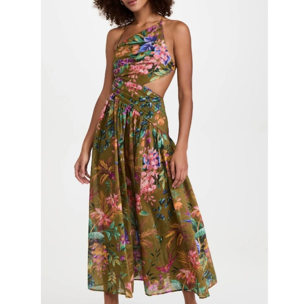 Zimmermann Tropicana Asymmetric Midi Dress in Khaki Floral - Zimmermann AU 1